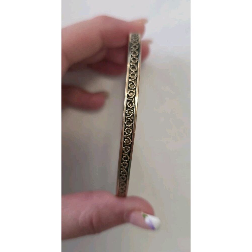 Vintage Monet Signed Bangle Bracelet Intricate Inlay Design Gold Tone Size 8